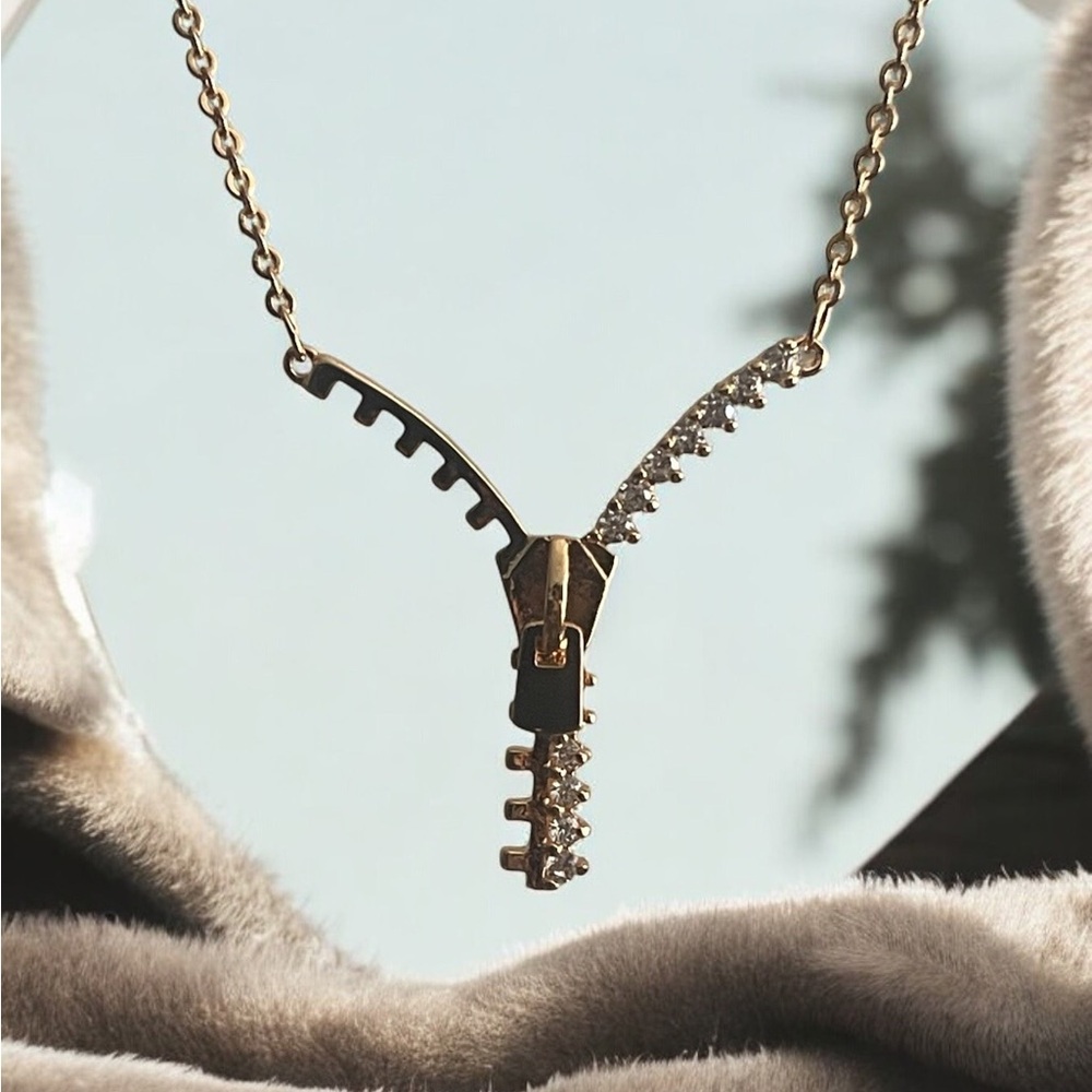 14k Gold Electroplated With Cz Small Stones  Zipper Necklace
